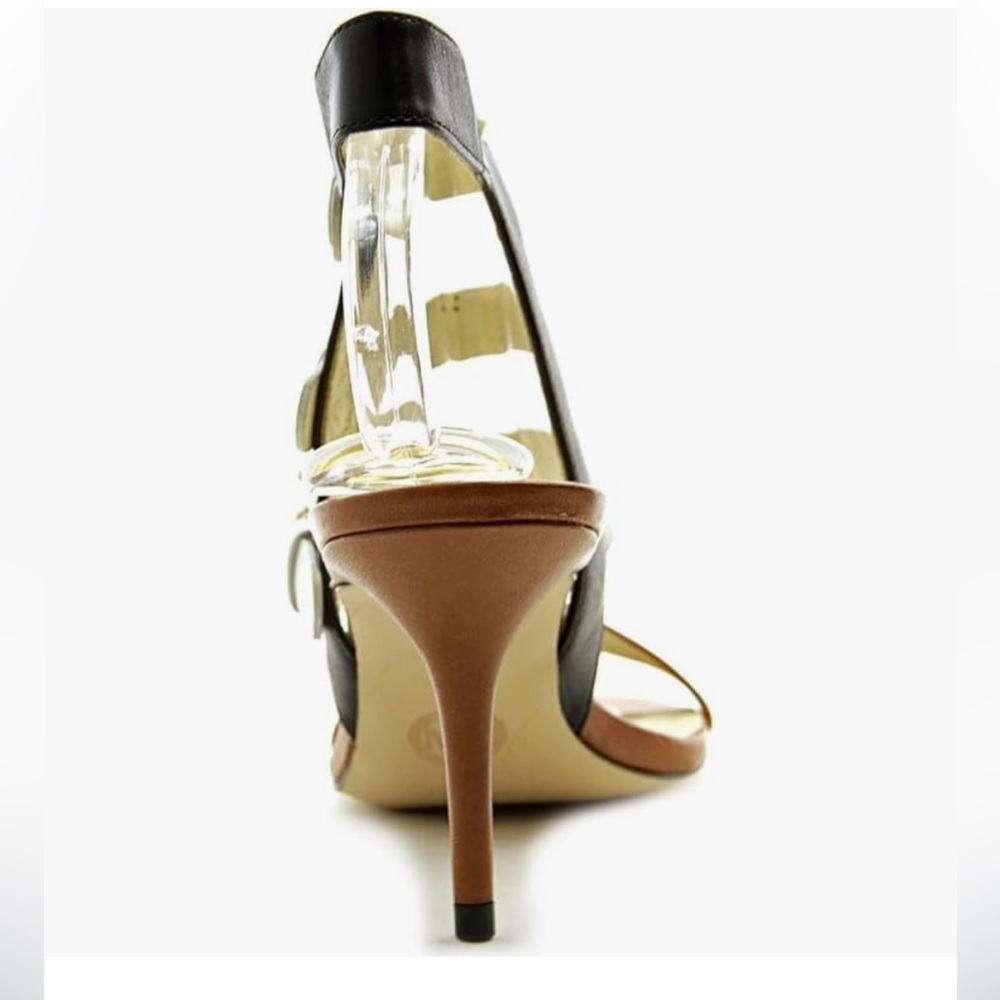 Michael Kors Beverly Sandal Mid Heel Optic White/Black/Luggage Brown - Picture 3 of 9